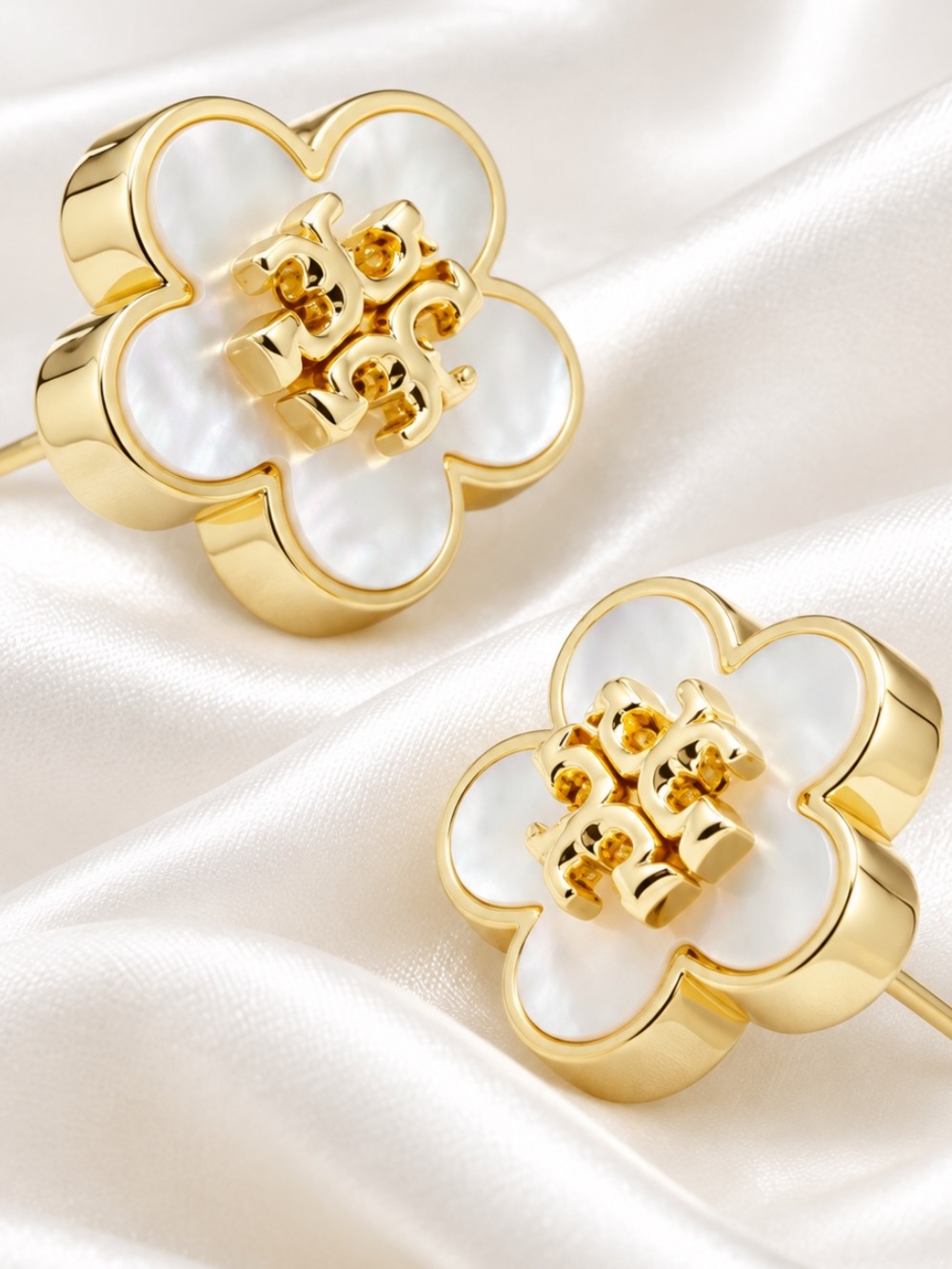 Gold-Tone Flower Stud Earrings with White Enamel